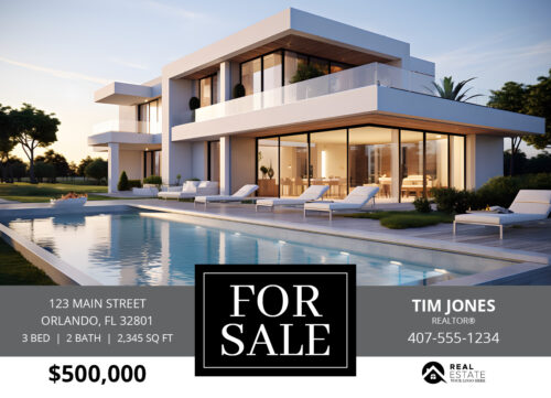 Front design of Just Listed postcard for real estate agents